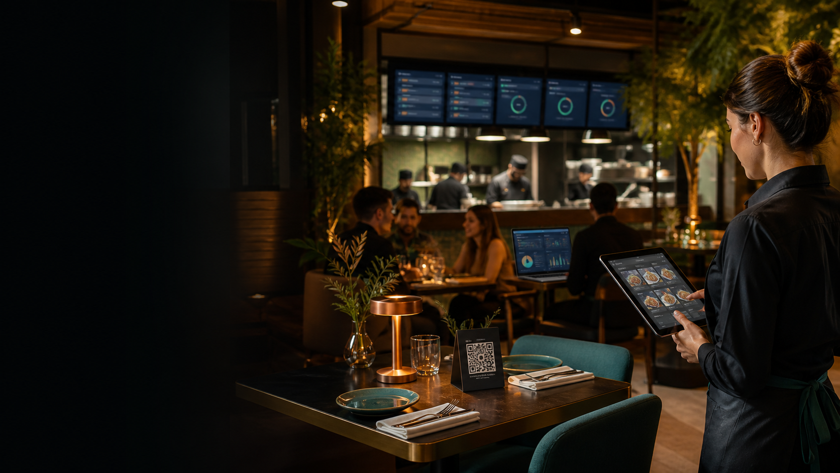 Équipe de restaurant utilisant Oparesto pour la commande QR, l'écran cuisine et les opérations en direct